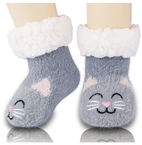 Belloxis Katzen Geschenk Haussocken Kinder Geschenke Baby Socken Hüttensocken Kuschelsocken Thermosocken Warme Dicke Wintersocken Mädchen Jungen Geschenke Schuhstrümpfe Anti Rutsch Socken von Belloxis