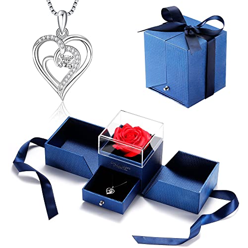 Bellrela Damen Kette Sterling Silber 925 Herz Anhänger Halskette mit Ewige Rose,Valentinstag Muttertag Weihnachten Jubiläum Geburtstagsgeschenk für sie von Bellrela