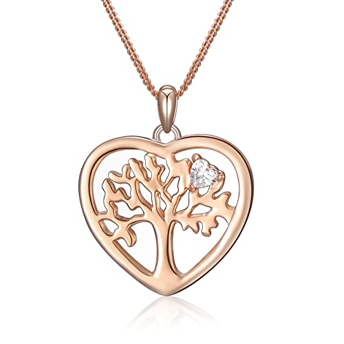 Lebensbaum Kette Damen Sterling Silber 925 Herz Anhänger Halskette Geschenk für Frauen (Rosa Gold) von Bellrela