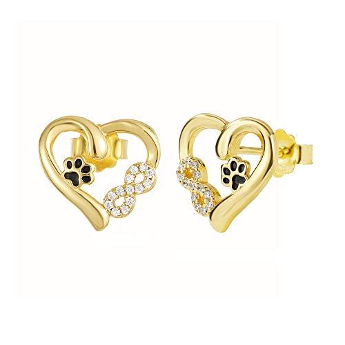 Ohrring Silber 925 Damen Tier Pfotenabdruck Unendlichkeit Liebe Herz Ohrstecker für Hundeliebhaber Geschenk (Golden) von Bellrela