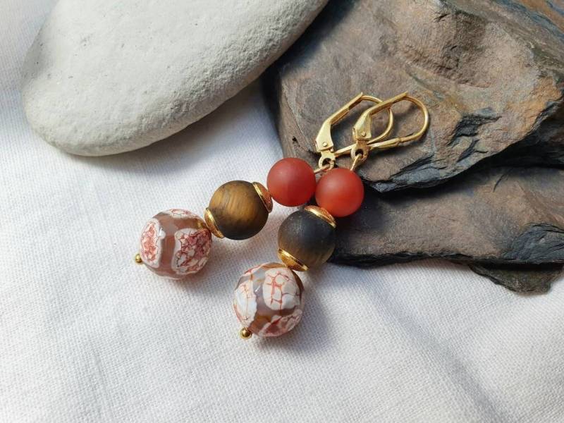 Achat | Marmorit, Tigerauge, Karneol Gold Ohrringevergoldetes 925Er Silbernaturschmuckboho Ohrringeheilstein von BellsGioielli