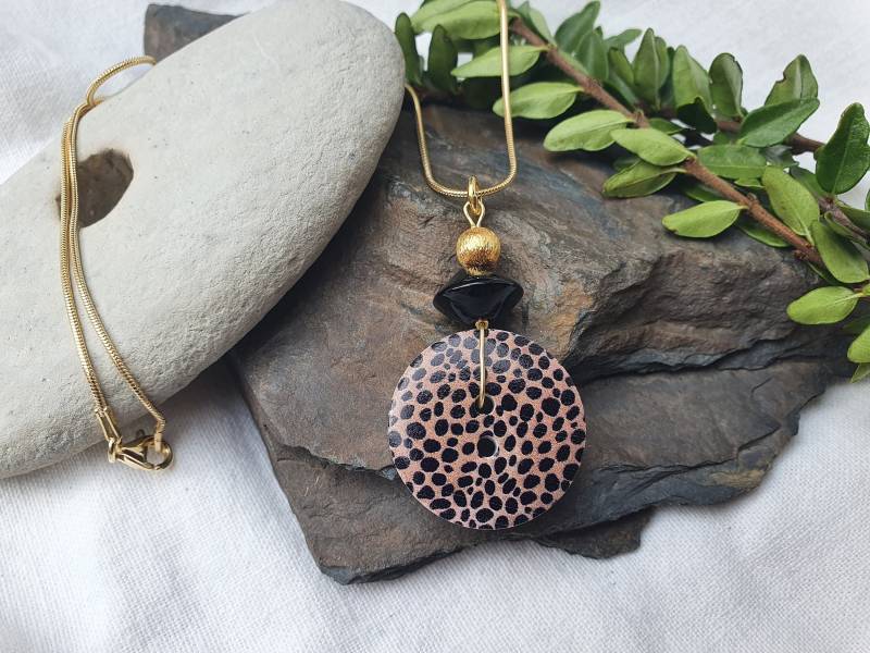 Animal Print Leo Onyx Vergoldetes Silberkette 925Er Silber Vergoldet 42cmgebürstet Holz Kette, Boho Schmuck, Geschenk von BellsGioielli