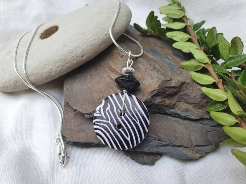 Animal Print - Onyx Silber Anhänger Und Kette925Er Silber Gebürstet Zebra Lookschlangen Kette, Statement Boho Schmuck, Geschenk von BellsGioielli