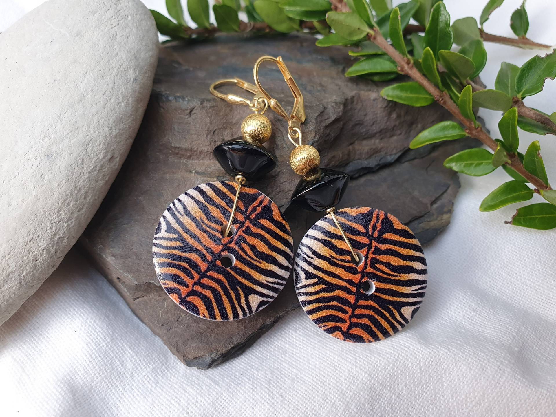 Animal Print Onyx - Vergoldete Silber Ohrringe Tiger Mustergoldenknopf Schmuckanimal Print Kollektion Geschenk, Statement Ohrring, Boho von BellsGioielli