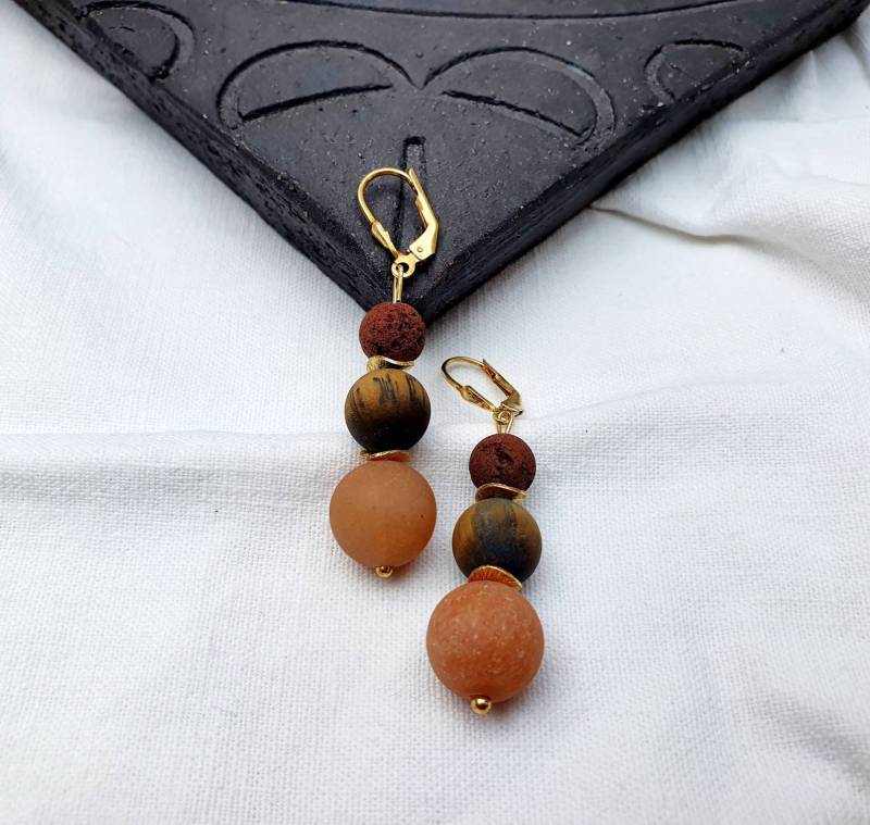 Aventurin, Tigerauge, Lava, Vergoldetet Silber Ohrringe925Er Silberheilsteinedelstein Schmuckboho Statement Ohrringe von BellsGioielli