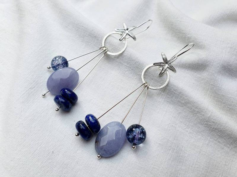 Bergkristall, Jade, Lapis Lazuli Silber Seestern Ohrringebeweglichblaue Ohrringeheilsteinehochzeitart-Kollektion von BellsGioielli