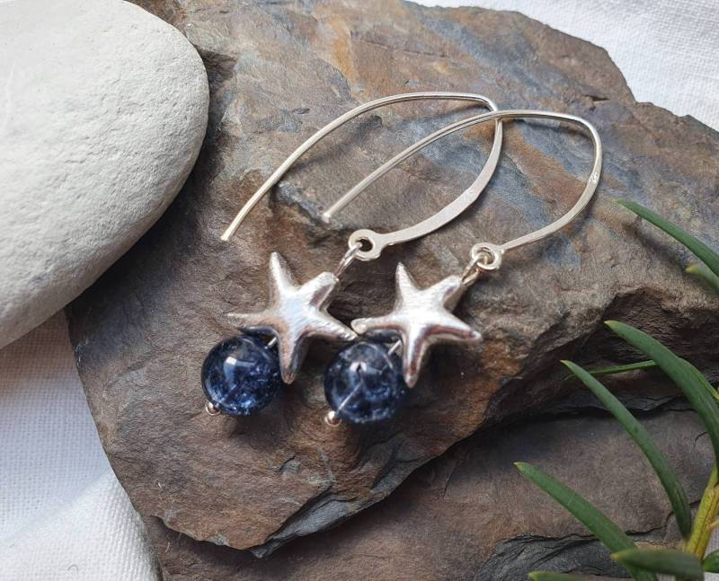Bergkristall, Silber Stern Seestern Ohrringe 925Er Silbergroße Ohrhakenmarmorierter Steinheilstein von BellsGioielli