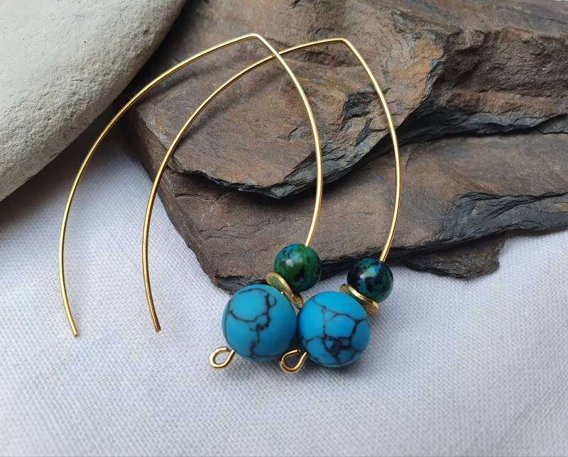 Chrysokoll Howlith Vergoldete Silber Ohrringegroße Ohrhakenkreolenboho Ohrringetürkis Schmuck, Edelstein Ohrring, Geschenk von BellsGioielli