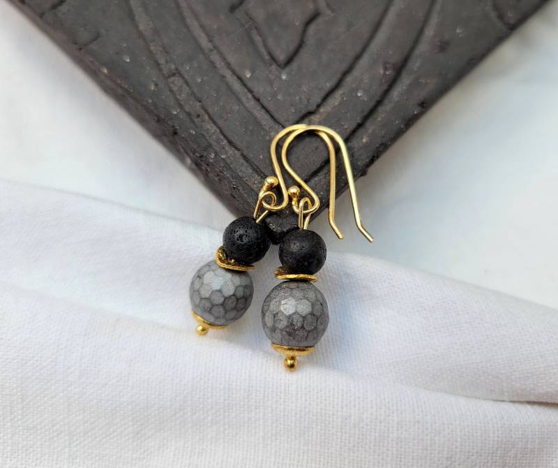 Edelstein Ohrringe Vergoldete 925Er Silber Hämatit Lava Schmuck Heilstein Schutzstein Natur Boho von BellsGioielli