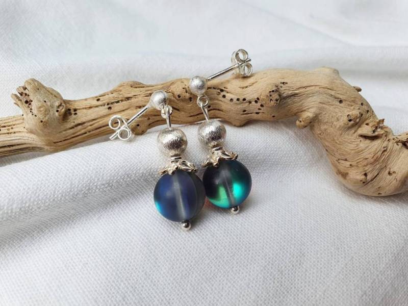 Glas Silber Ohrringe 925Er Silber Ohrsteckerschillernde Ohrringeregenbogen Schmuckgebürstetes Silberornamentik Ohrringe von BellsGioielli