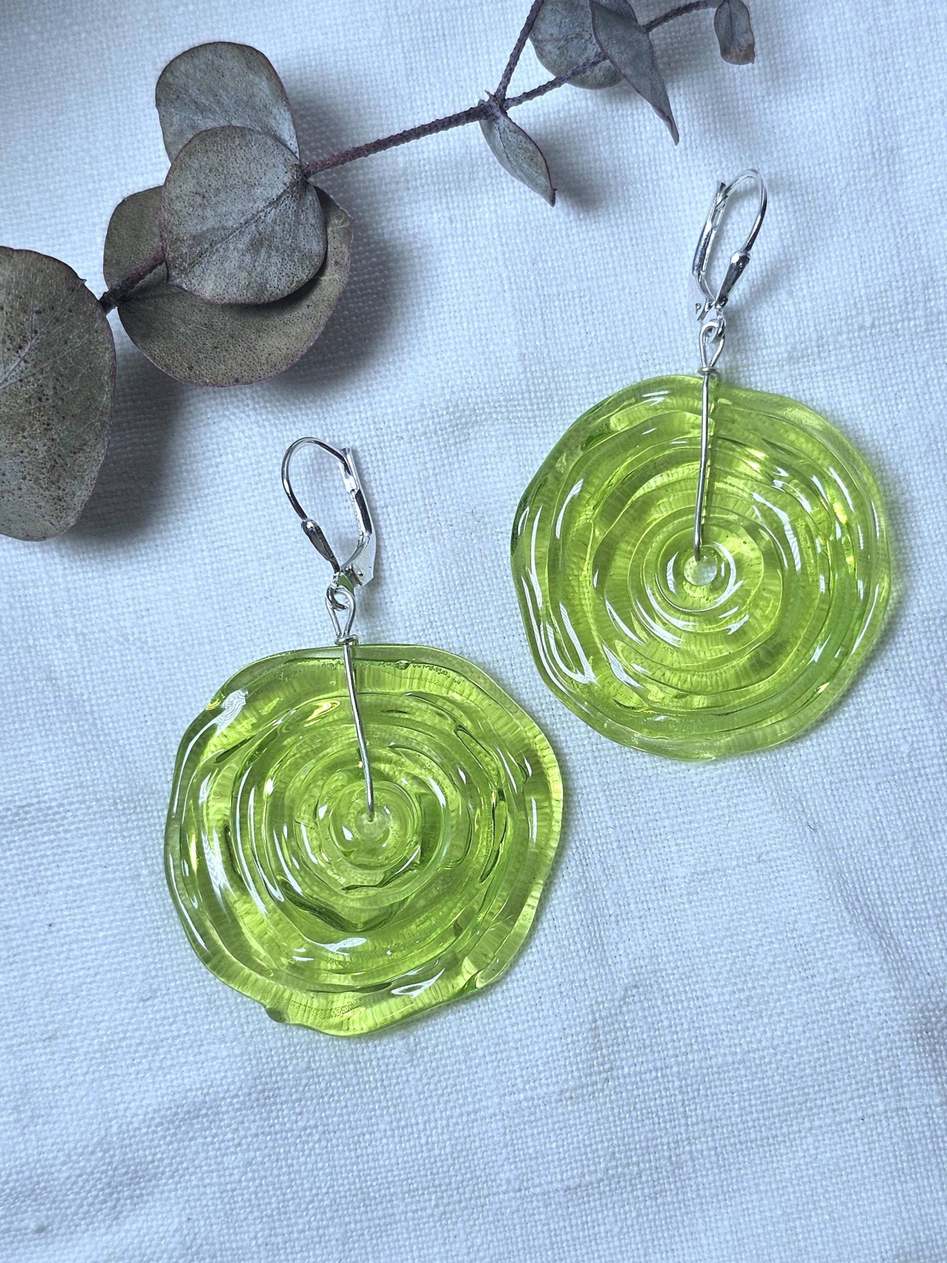 Grüne Glas Silber Ohrringe, Glascheiben Hänger, Geschenk, Statement Schmuck, Unikat Einzelstück von BellsGioielli