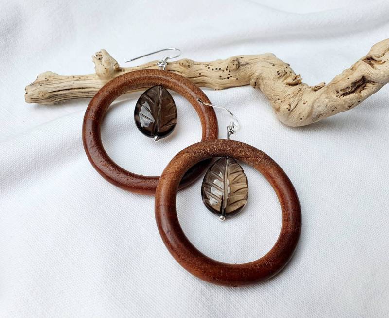 Holz Reif, Rauchquarz Blatt Silber Ohrringe925Er Silbernatur Schmuckbohoheilsteinstatement Ohrringe von BellsGioielli