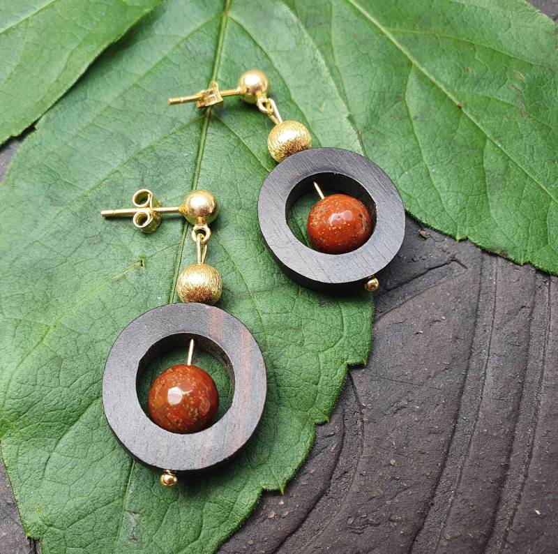 Holz-Rotjaspis-Vergoldete Silber Ohrringeherbst Kollektion925Er Silberinnere Zufriedenheit von BellsGioielli