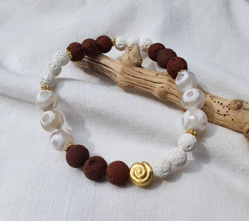 Lava, Achat, Vergoldetes Silber Armbandperlenarmbandedelstein Armband925Er Silberheilsteinfreundschaftsbandspiral Schmuck17cm von BellsGioielli