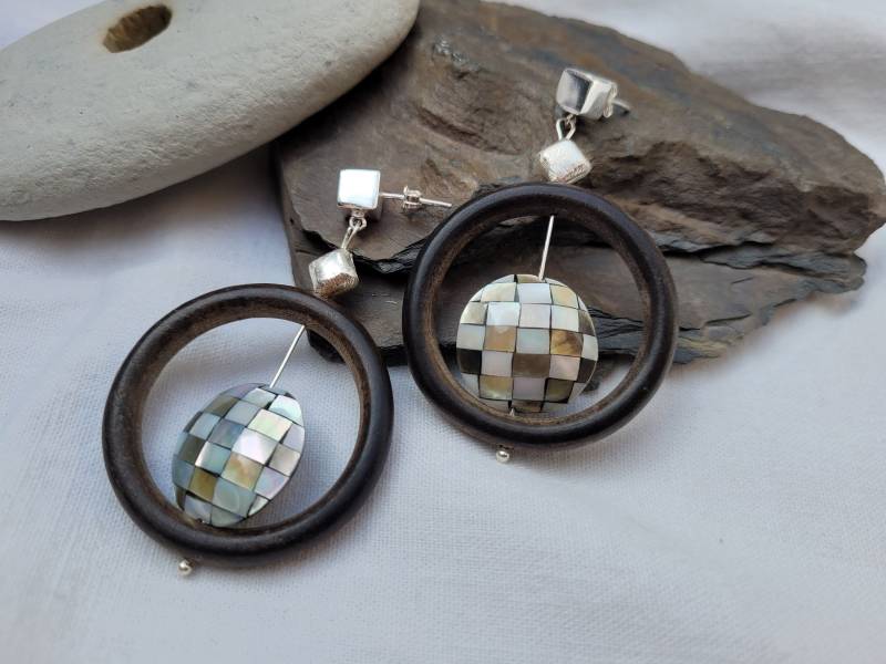 Ohrringe Statement Aus Holz, Perlmutt, Silber Art Schmuck Natur Boho Handmade von BellsGioielli