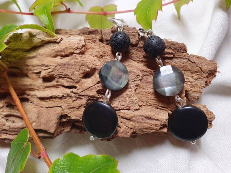 Onyx-Perlmutt-Lava-Silber Ohrringe Beweglich925Er Silber, Heilstein, Geschenk, Statement Ohrringe, Boho Edelstein Schmuck von BellsGioielli