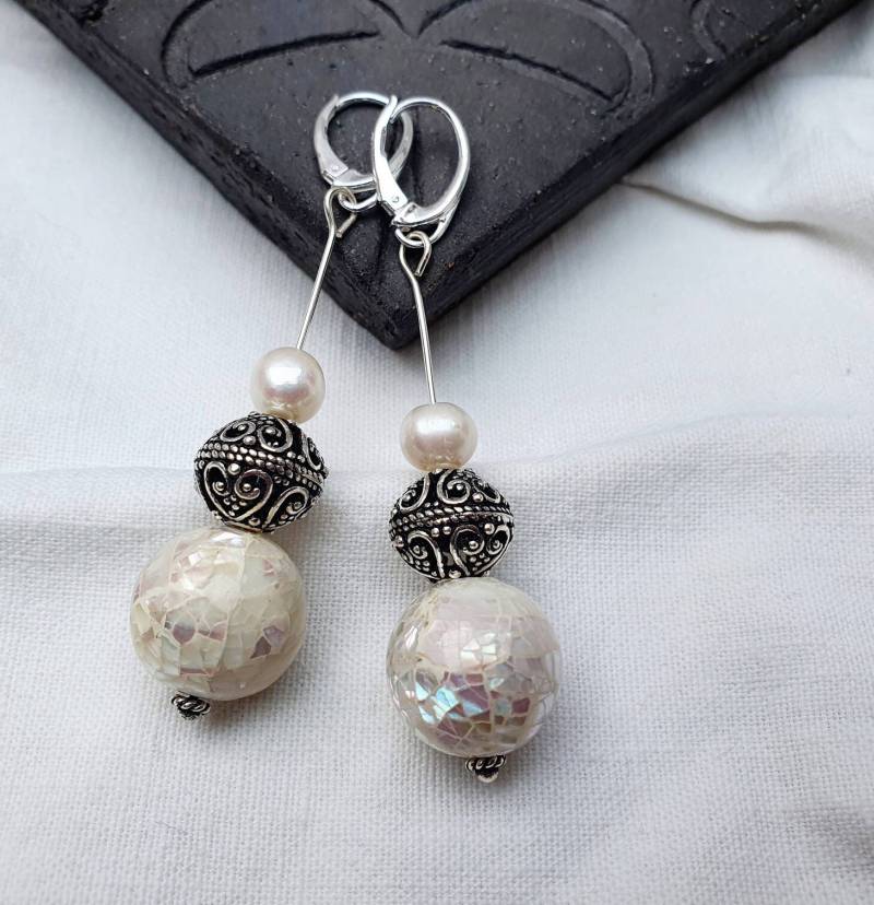 Perlmutt | Handmade, Silber Ornamentik, Perlen Ohrringe925Er Silberstatement Ohrringeweddingdayhochzeitnaturschmuck, Geschenk von BellsGioielli