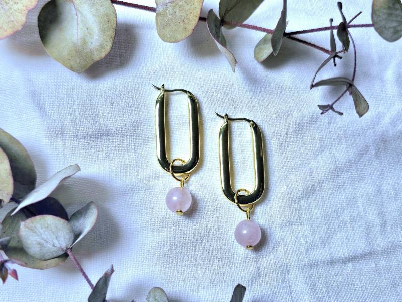 Rosenquarz Creolen, Eckig Vergoldete Perlen Creolen Mit Wechselbarem Anhänger, Geschenk Oder Als Hochzeitsschmuck, Heilstein von BellsGioielli