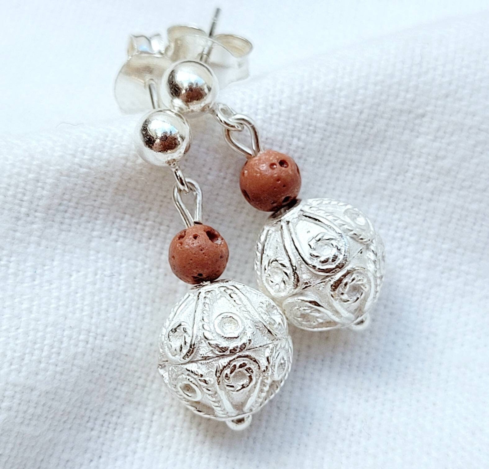 Silber Ohrstecker Ornament Lava Ohrringe Stein Schmuck Boho 925Er Stecker Rotes von BellsGioielli