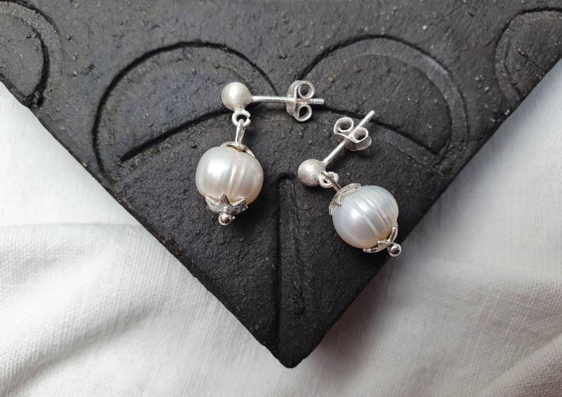 Süßwasserperlen Silber Ohrringe Stecker925Er Silberperlen Schmuckhochzeit+ Gebürsteter Stern Ohrring, Feschenk, Weddingday, Brautschmuck von BellsGioielli