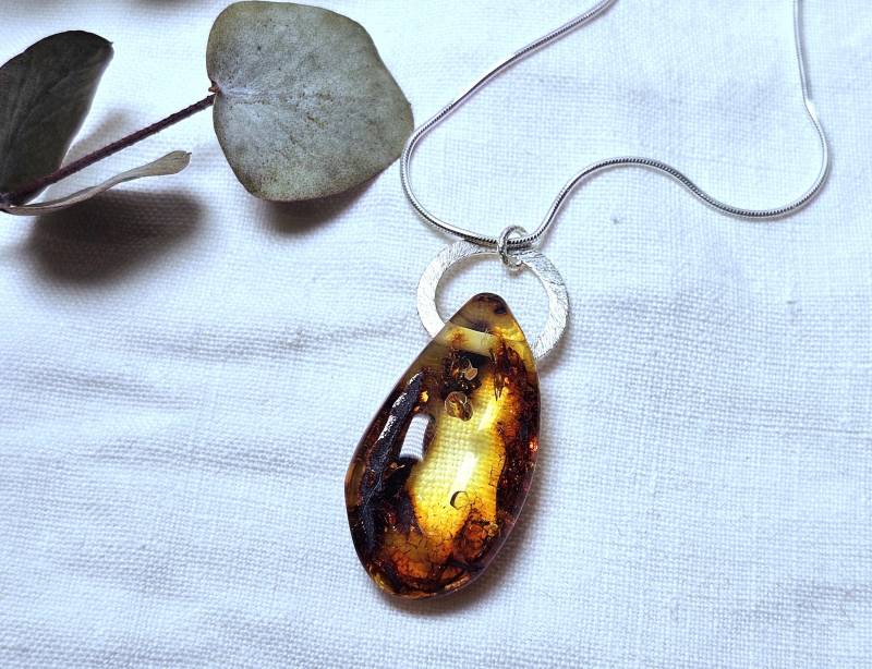 Unikat Silber Halskette Mit Bernstein Anhänger, Schmuck, Unisex Kette, Geschenke, Frauen 925Er Kette 45cm von BellsGioielli