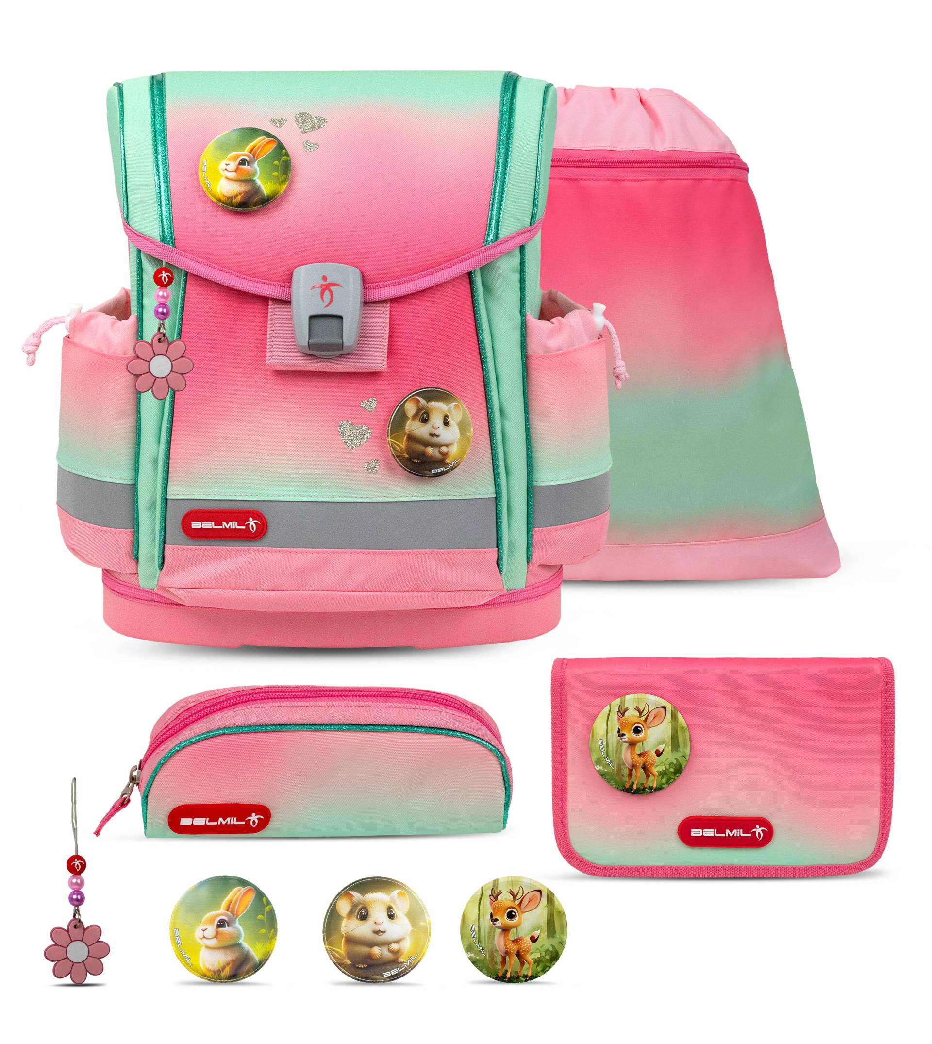 Belmil - Belmil Classy Plus Schulranzen Set 5-teilig mit Brustgurt - Mint Rose Ombre Koffer24 von Belmil