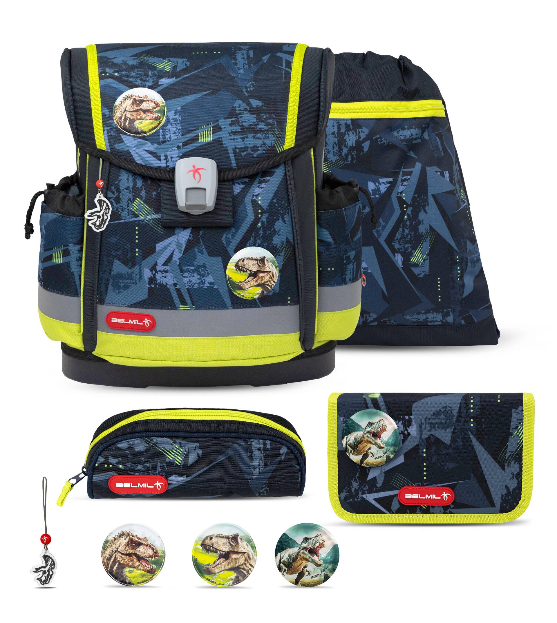Belmil - Belmil Classy Plus Schulranzen Set 5-teilig mit Brustgurt - T-Rex Lime Koffer24 von Belmil