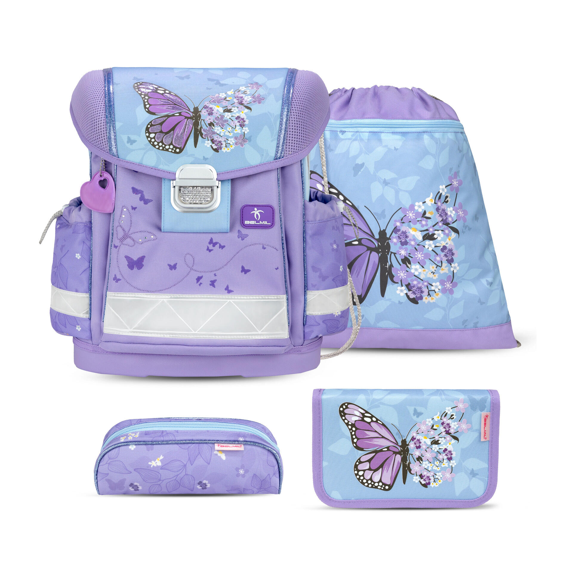 Belmil - Belmil Classy ergonomisches Schulranzenset 4tlg. - Purple Blue Butterfly Koffer24 von Belmil