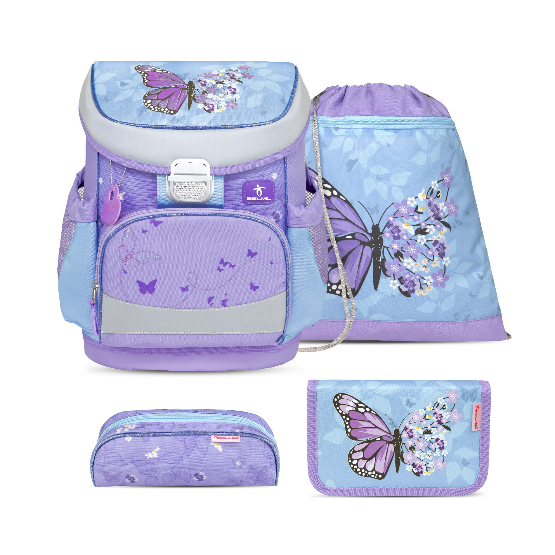 Belmil - Belmil Mini-Fit ergonomisches Schulranzenset 4tlg. - Purple Blue Butterfly Koffer24 von Belmil