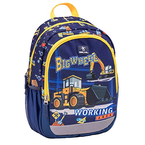 Belmil Kindergartenrucksack mit Brustgurt und Namensschild für 3-6 Jährige/Jungen / 12 L/Krippenrucksack Kindergartentasche Kindertasche/Maschinen/Blau (305-4/A Big Wheel) von Belmil