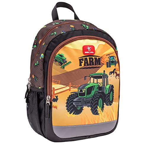 Belmil Kindergartenrucksack mit Brustgurt und Namensschild für 3-6 Jährige/Jungen / 12 L/Krippenrucksack Kindergartentasche Kindertasche/Traktor/Braun, Gelb (305-4/A Farm) von Belmil