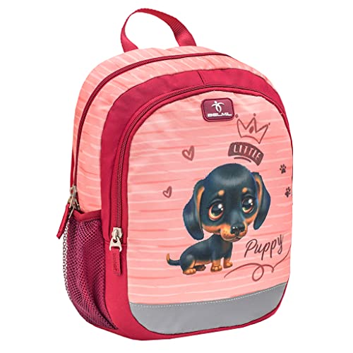 Belmil Kindergartenrucksack mit Brustgurt und Namensschild für 3-6 Jährige/Mädchen / 12 L/Krippenrucksack Kindergartentasche Kindertasche/Hündchen/Rot (305-4/A Little Puppy) von Belmil