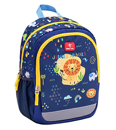 Belmil Kindergartenrucksack mit Brustgurt und Namensschild für 3-6 Jährige/Jungen/ 12 L/Krippenrucksack Kindergartentasche Kindertasche/Löwe/Blau(305-4/A Little Jungle) von Belmil