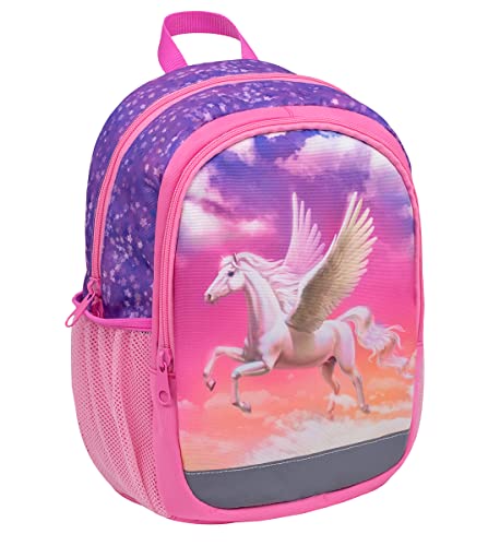 Belmil Kindergartenrucksack mit Brustgurt und Namensschild für 3-6 Jährige/Mädchen / 12 L/Krippenrucksack Kindergartentasche Kindertasche/Pegasus/lila, rosa (305-4/A Pegasus) von Belmil