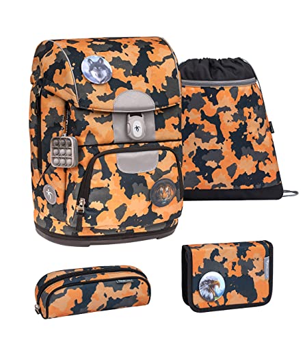 Belmil Motion ergonomisches Schulranzen Set 5-teilig aus recyceltem Material mit Brustgurt, Hüftgurt, Magnetverschluss, Patch Set 3 Stück (405-74/S Orange Camouflage) von Belmil