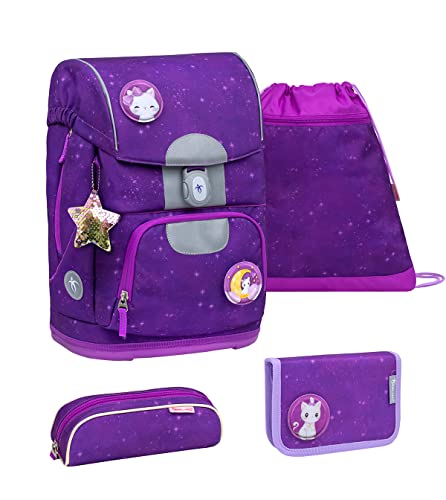 Belmil Motion ergonomisches Schulranzen Set 5-teilig aus recyceltem Material mit Brustgurt, Hüftgurt, Magnetverschluss, Patch Set 3 Stück (405-74/S Purple Sky) von Belmil