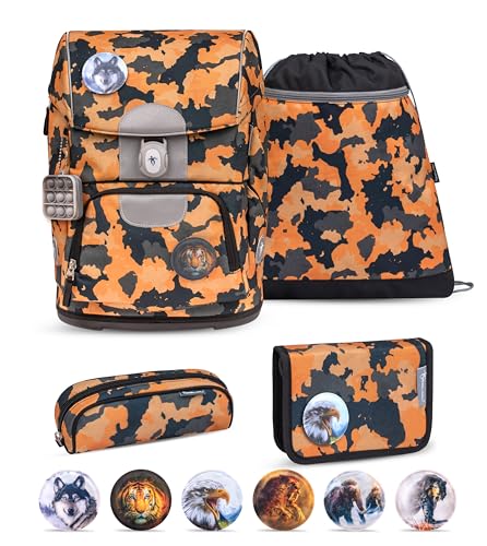 Belmil Motion ergonomisches Schulranzen Set 5-teilig aus recyceltem Material mit Brustgurt, Hüftgurt, Magnetverschluss, Patch Set 6 Stück (405-74/AG/S) (Orange Camouflage 2) von Belmil