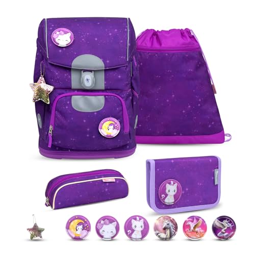 Belmil Motion ergonomisches Schulranzen Set 5-teilig aus recyceltem Material mit Brustgurt, Hüftgurt, Magnetverschluss, Patch Set 6 Stück (405-74/AG/S) (Purple Sky 2025) von Belmil