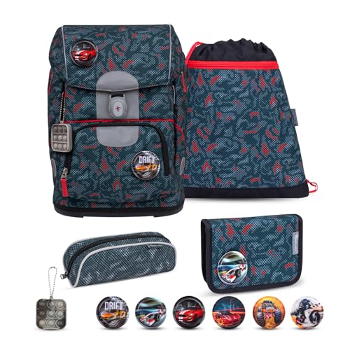 Belmil Motion ergonomisches Schulranzen Set 5-teilig aus recyceltem Material mit Brustgurt, Hüftgurt, Magnetverschluss, Patch Set 6 Stück (405-74/AG/S) (Red Dots 2025) von Belmil