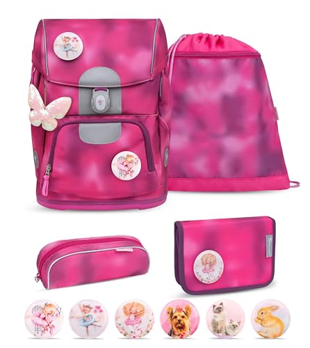 Belmil Motion ergonomisches Schulranzen Set 5-teilig aus recyceltem Material mit Brustgurt, Hüftgurt, Magnetverschluss, Patch Set 6 Stück (405-74/AG/S) (Shiny Pink 2) von Belmil