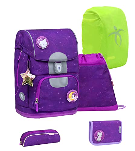 Belmil Motion ergonomisches Schulranzen Set 6-teilig aus recyceltem Material mit Regenschutz, Brustgurt, Hüftgurt, Magnetverschluss, Patch Set 3 Stück (Purple Sky) von Belmil