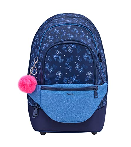 Belmil Premium 2in1 Schulrucksack mit Hüfttasche für Mädchen/AGR, Brustgurt, Hüftgurt (338-84/P Sapphire) von Belmil