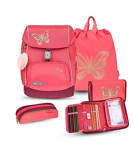 Belmil Premium Comfy Plus Schulranzen Set 5-teilig Für kleine Kinder, Erstklässler, AGR, Brustgurt, Hüftgurt, Magnetverschluss (405-73/P/S Coral) von Belmil