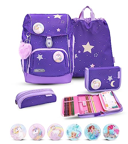 Belmil Premium Comfy Plus Schulranzen Set 5-teilig mit Patch Set 6 Stück Für kleine Kinder, Erstklässler - AGR, Brustgurt, Hüftgurt, Magnetverschluss (405-73/P/S Dahlia) von Belmil