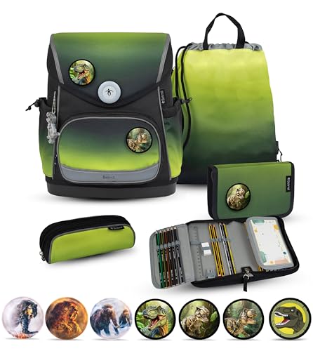 Belmil Premium Compact Plus Schulranzen Set 6 teilig mit STABILO Stiften und GRATIS Patch Set (405-41/P/S/P) (Black Green) von Belmil