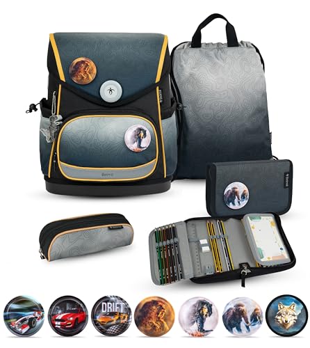 Belmil Premium Compact Plus Schulranzen Set 6 teilig mit STABILO Stiften und GRATIS Patch Set (405-41/P/S/P) (Black Grey) von Belmil