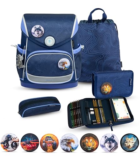 Belmil Premium Compact Plus Schulranzen Set 6 teilig mit STABILO Stiften und GRATIS Patch Set (405-41/P/S/P) (Topographic) von Belmil