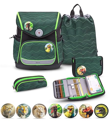 Belmil Premium Compact Plus Schulranzen Set 6 teilig mit STABILO Stiften und GRATIS Patch Set (405-41/P/S/P) (Twist of Lime) von Belmil