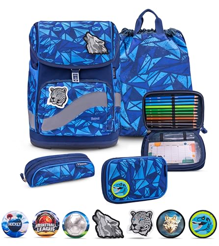 Belmil Premium Smarty Plus Schulranzen Set 6 teilig mit STABILO Stiften und GRATIS Patch Set (405-51/P/S/P) (Glacier Blue) von Belmil