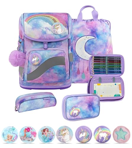 Belmil Premium Smarty Plus Schulranzen Set 6 teilig mit STABILO Stiften und GRATIS Patch Set (405-51/P/S/P) (Moonlight) von Belmil